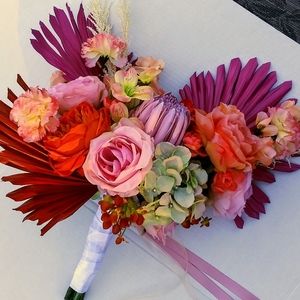 Sun Palm bridal bouquet with king protea